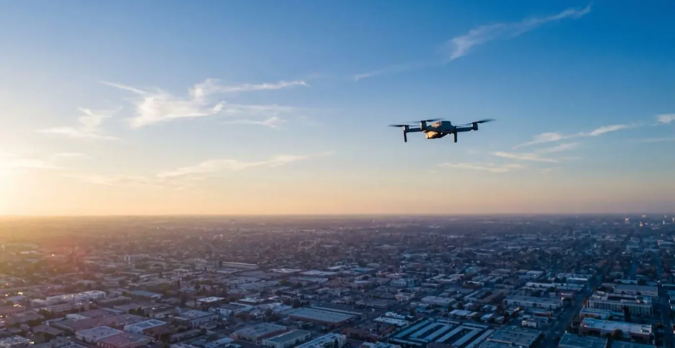 Drone de loisir volant au-dessus d'un paysage urbain avec effet de flou artistique