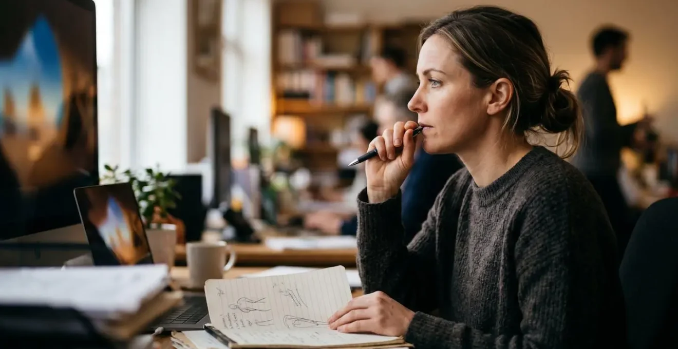 Gestionnaire analysant avec empathie des messages clients sur écran avec notes manuscrites