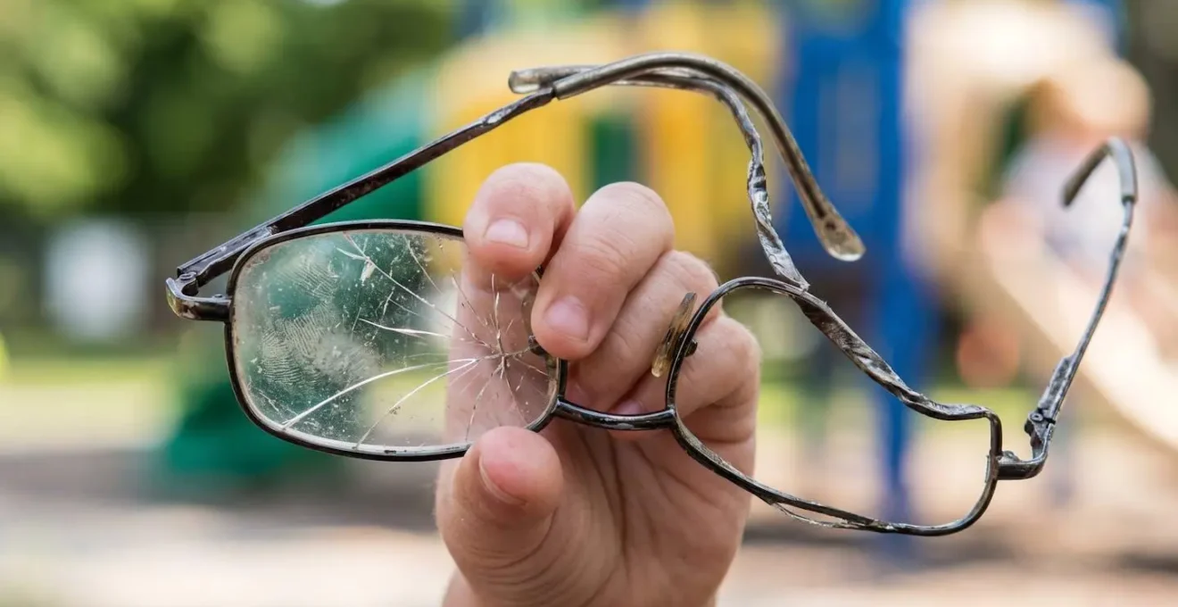 Main d'enfant tenant des lunettes aux branches pliées dans une cour d'école