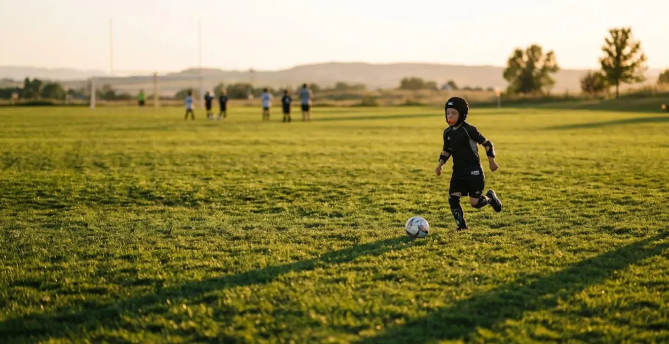 Enfant sportif en pleine action sur un terrain de sport avec équipement de protection