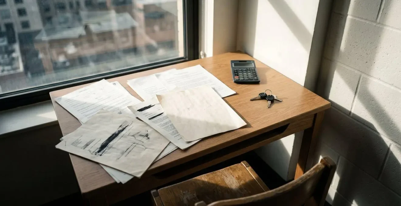 Un étudiant compare des documents d'assurance avec une calculatrice sur un bureau