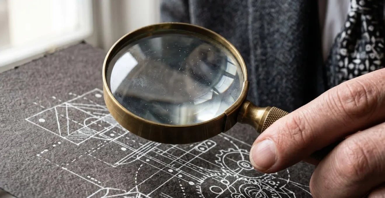 Expert en assurance analysant minutieusement des documents techniques avec une loupe