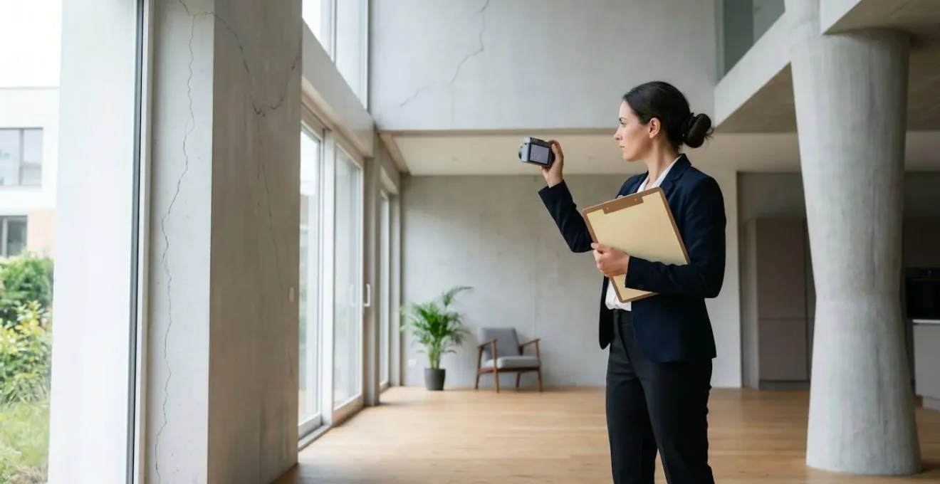Expert d'assuré examinant des dommages dans une maison avec dossier et appareil photo
