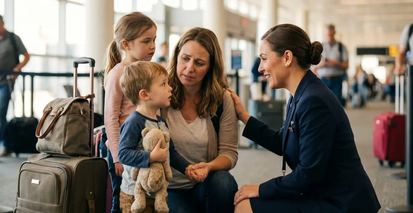 Famille avec enfants et bagages dans un aéroport avec personnel d'assistance