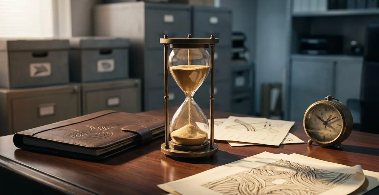 Métaphore visuelle du temps avec un sablier et des documents professionnels illustrant la protection de la garantie subséquente dans le temps.