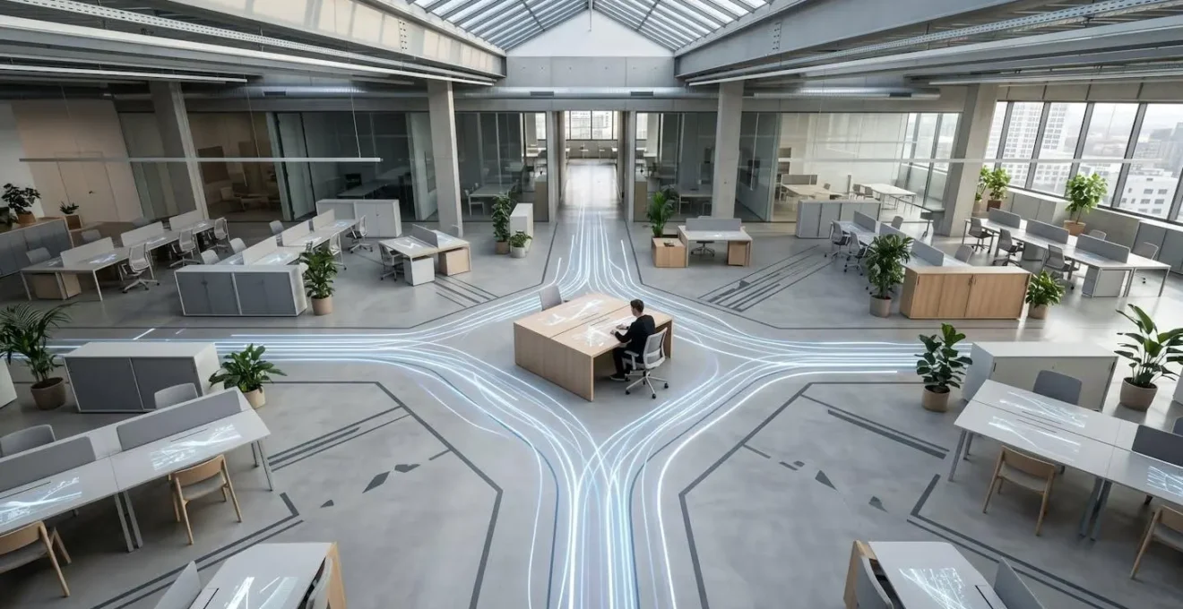 Vue aérienne d'un espace de travail moderne montrant le flux optimisé du gestionnaire augmenté