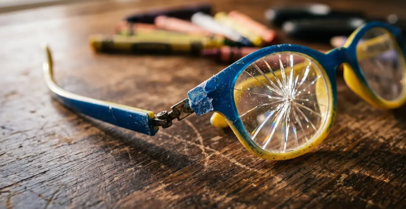 Gros plan sur des lunettes d'enfant cassées avec monture colorée sur surface bois