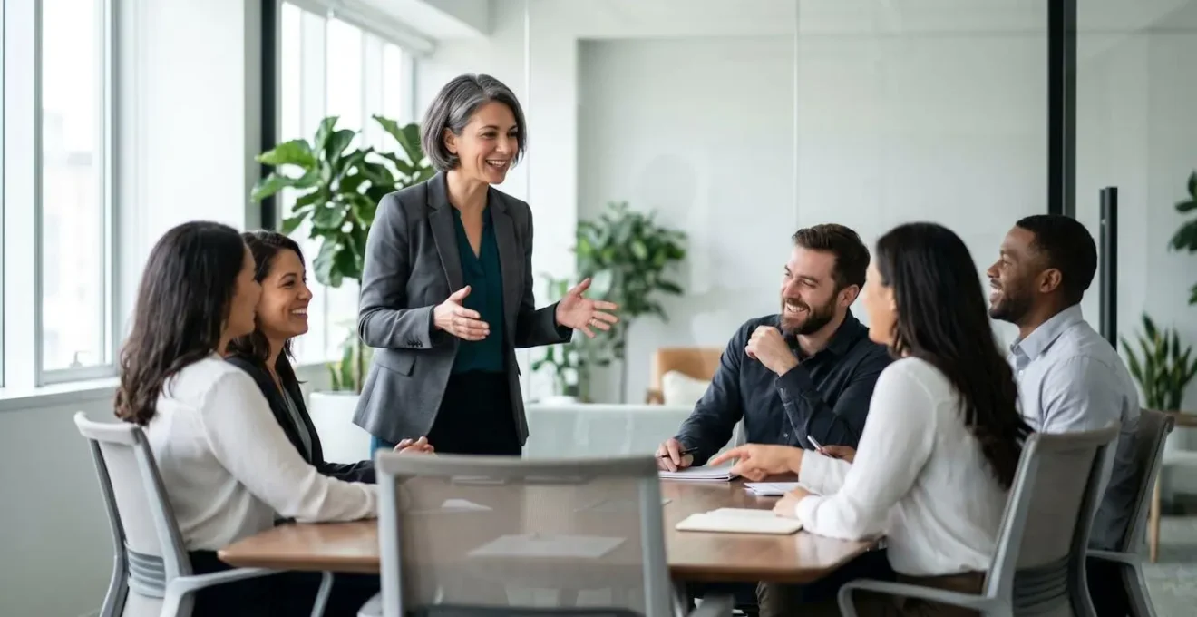 Manager d'équipe IARD animant une réunion collaborative avec son équipe dans un espace de travail moderne