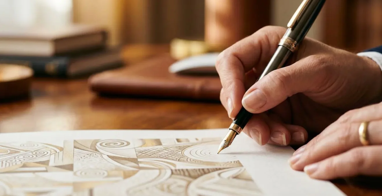 Mains signant un document de mandat avec un stylo plume sur un bureau moderne