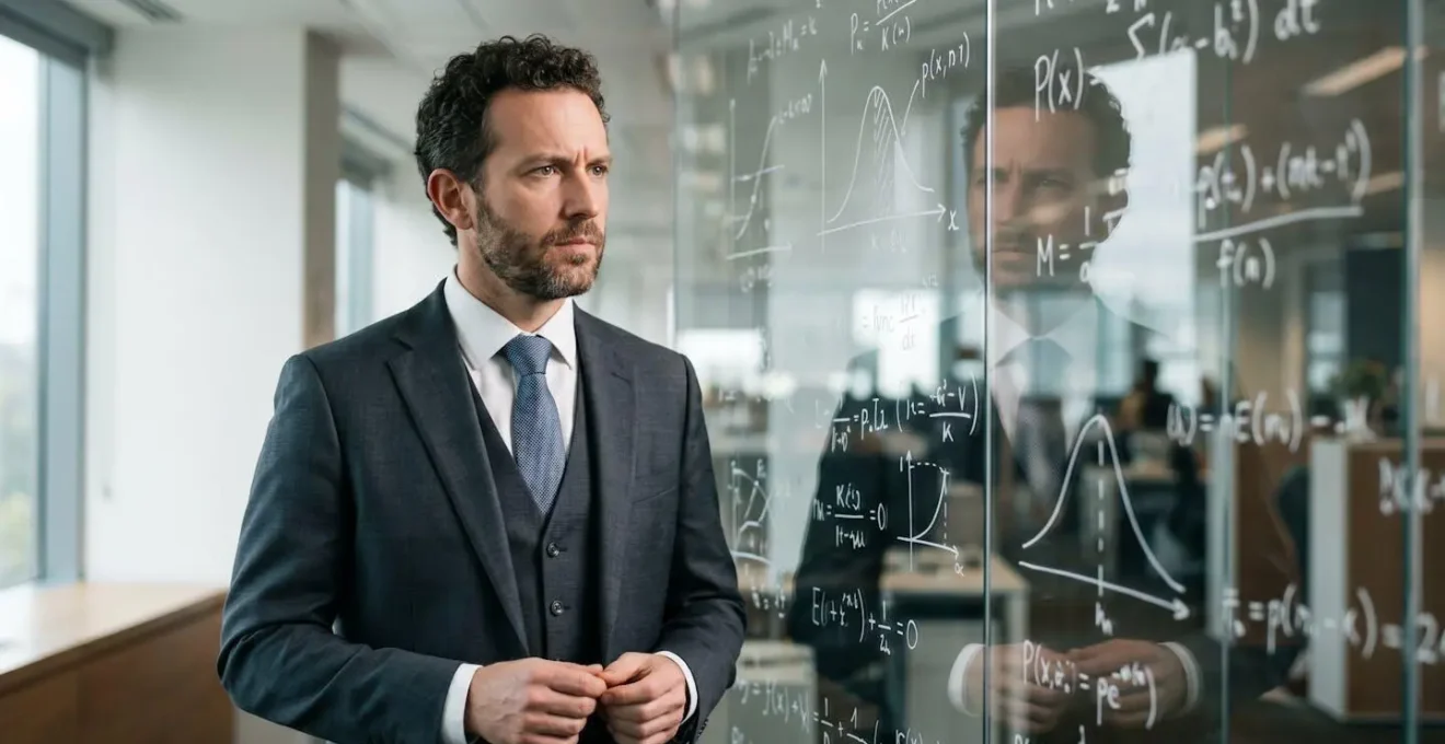 Mathématicien analysant des modèles complexes sur tableau transparent