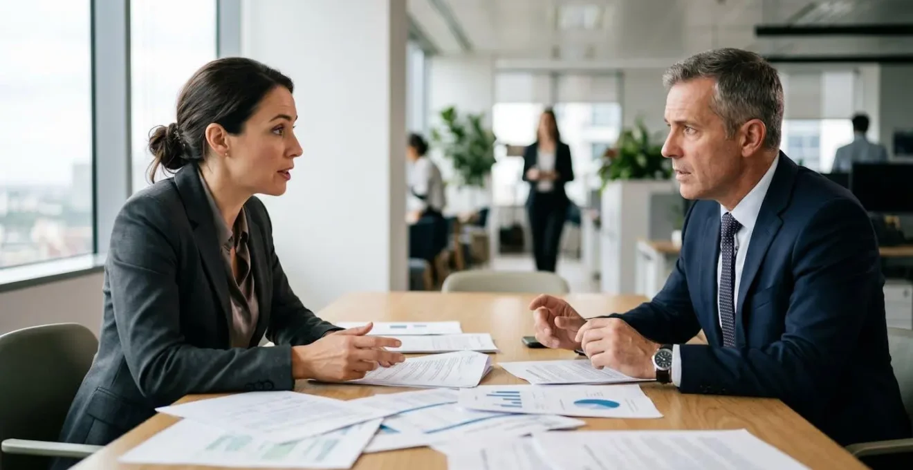 Deux personnes en discussion professionnelle autour d'une table avec documents, symbolisant la négociation d'une rupture de contrat.