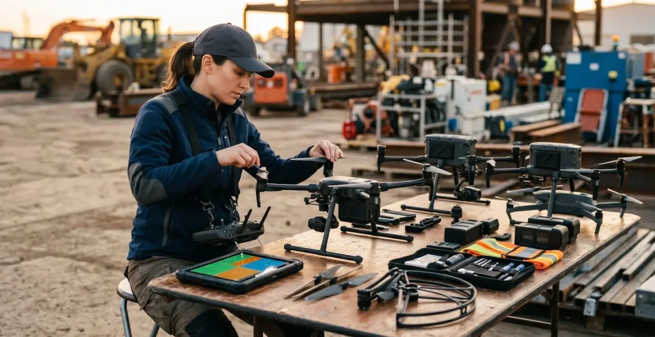 Pilote de drone professionnel préparant son équipement pour une mission d'inspection