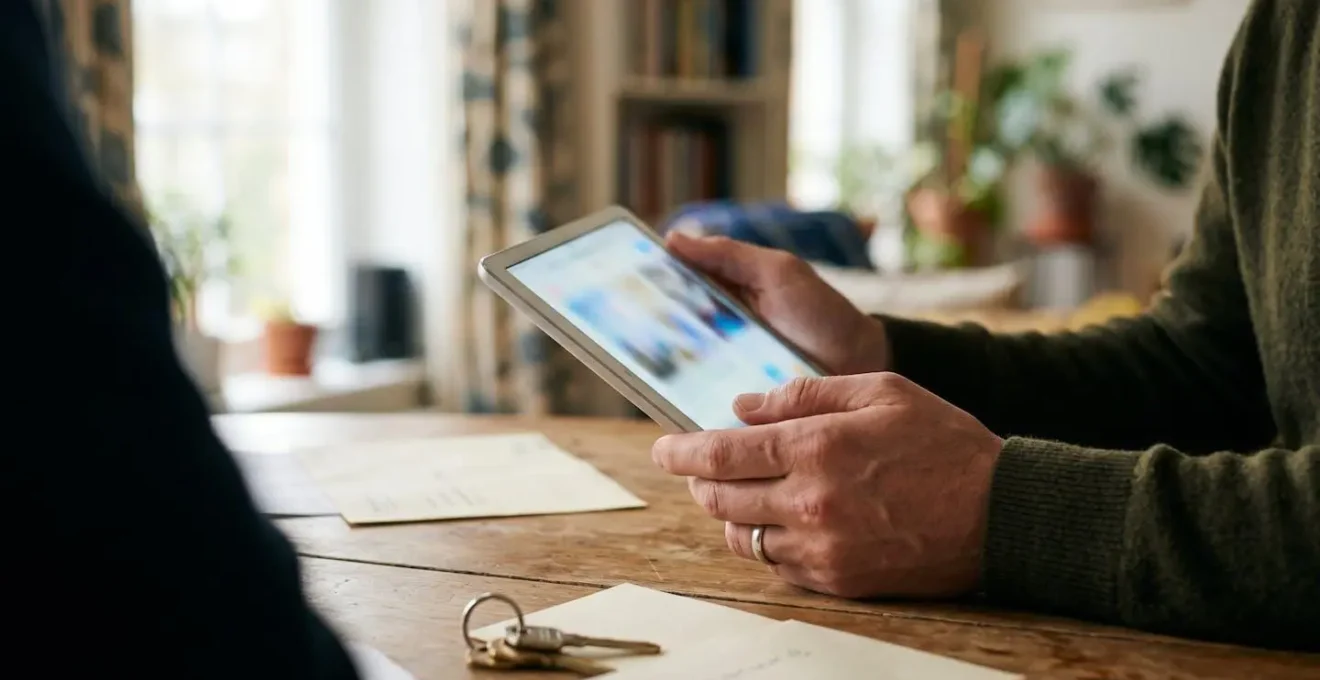 Mains tenant une tablette montrant un formulaire flou dans un intérieur moderne avec clés et contrat sur table en bois