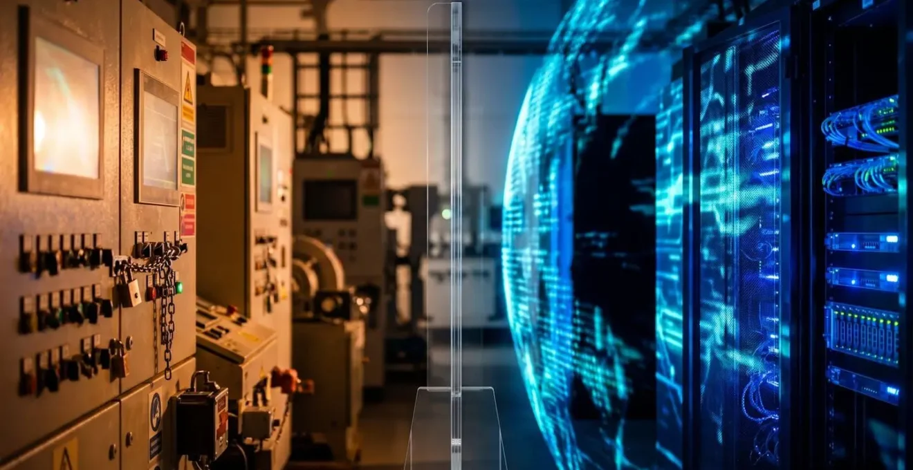 Salle de contrôle industrielle avec systèmes SCADA protégés et mesures de cybersécurité