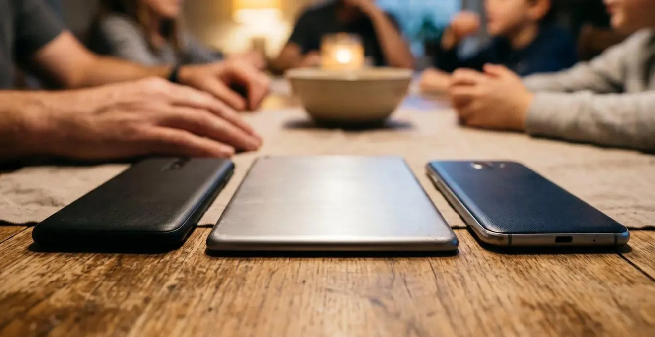 Famille réunie autour d'une table avec appareils numériques posés face cachée, lumière douce du soir