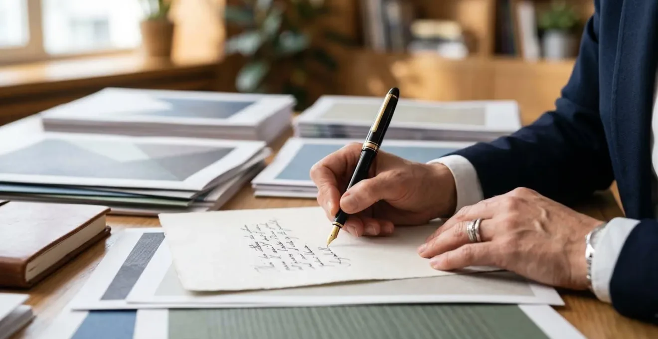 Main écrivant une lettre de contestation avec documents d'expertise sur bureau professionnel