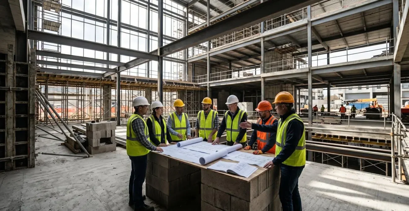 Réunion d'experts en dommage ouvrage sur un chantier de construction