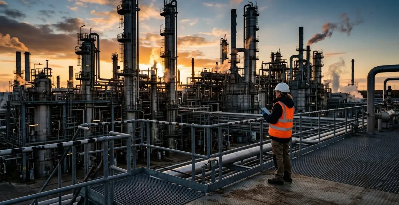 Expert en assurance industrielle inspectant une installation pétrolière avec équipement de sécurité