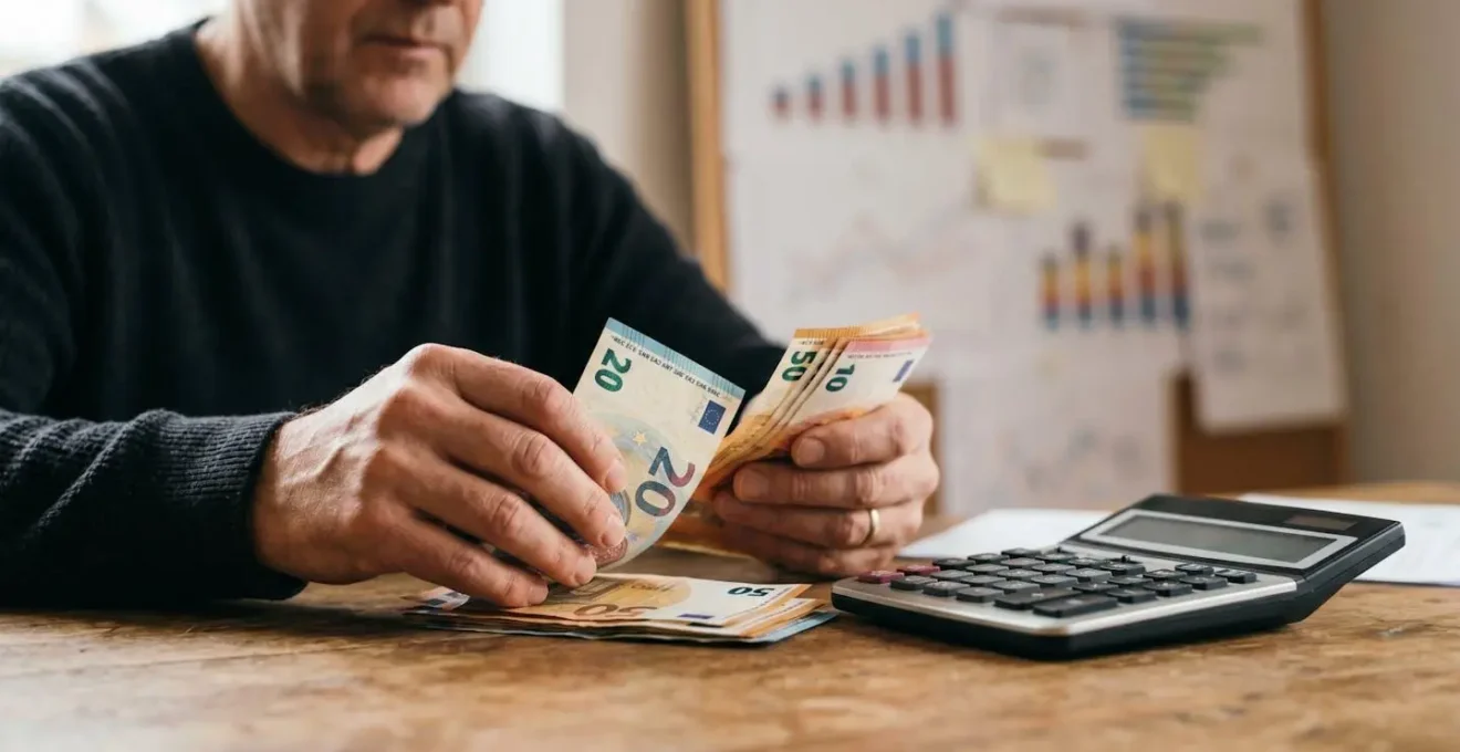 Mains comptant des billets avec calculatrice et graphiques financiers flous en arrière-plan