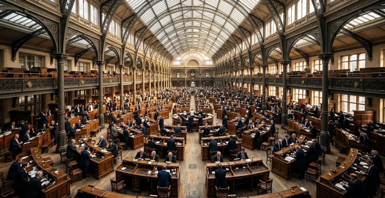 Salle de marché historique avec boxes de négociation et architecture victorienne