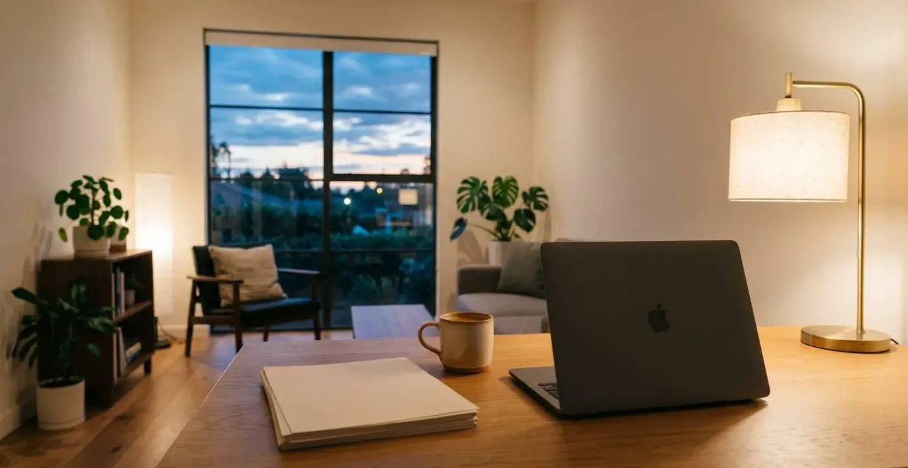 Bureau à domicile en soirée avec lumière douce d'une lampe et documents organisés