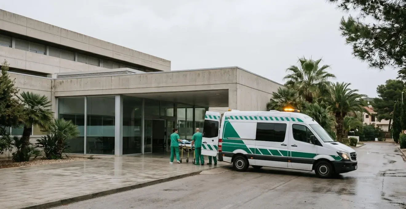 Ambulance locale arrivant aux urgences d'un hôpital étranger avec équipe médicale