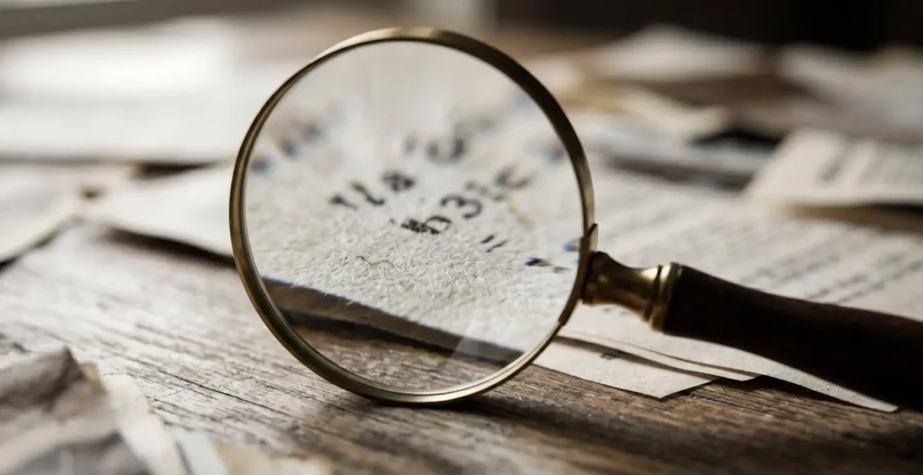 Bureau avec documents de location étalés, loupe posée sur des fiches de paie, symbolisant l'analyse minutieuse du dossier locataire