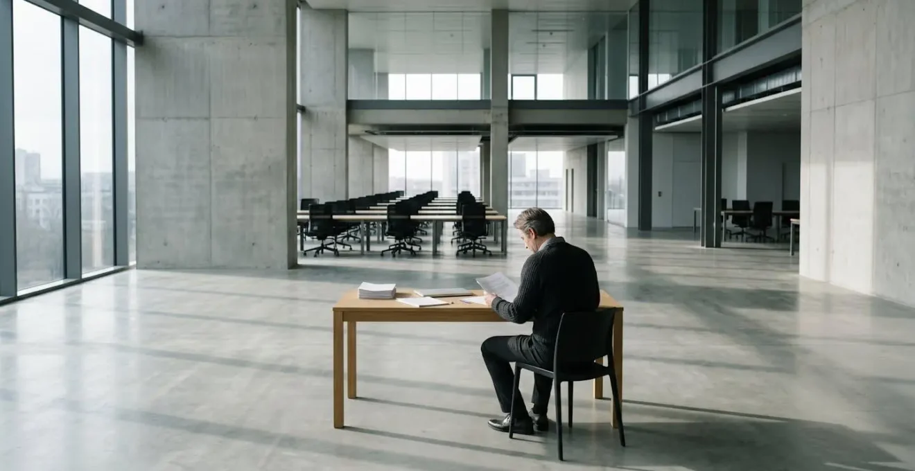 Vue large d'une personne seule dans un vaste espace de bureau moderne, symbolisant la solitude de la recherche d'assurance