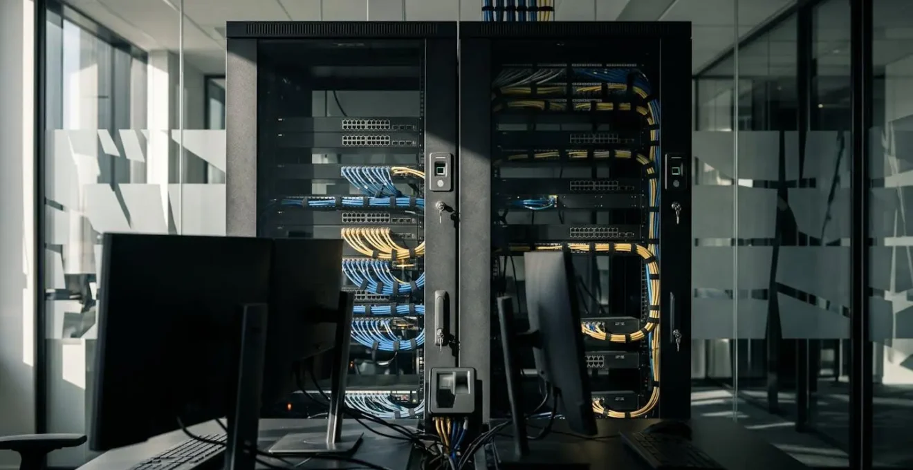 Bureau moderne avec équipements informatiques sécurisés et systèmes de protection